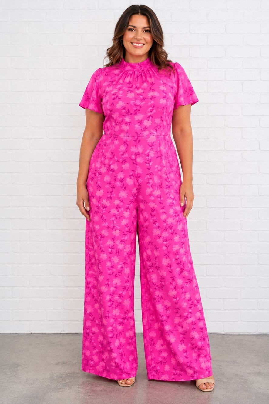 Sugarlips Curve Pink Floral Wide Leg Jumpsuit Womens 1X NWT Short Sleeve